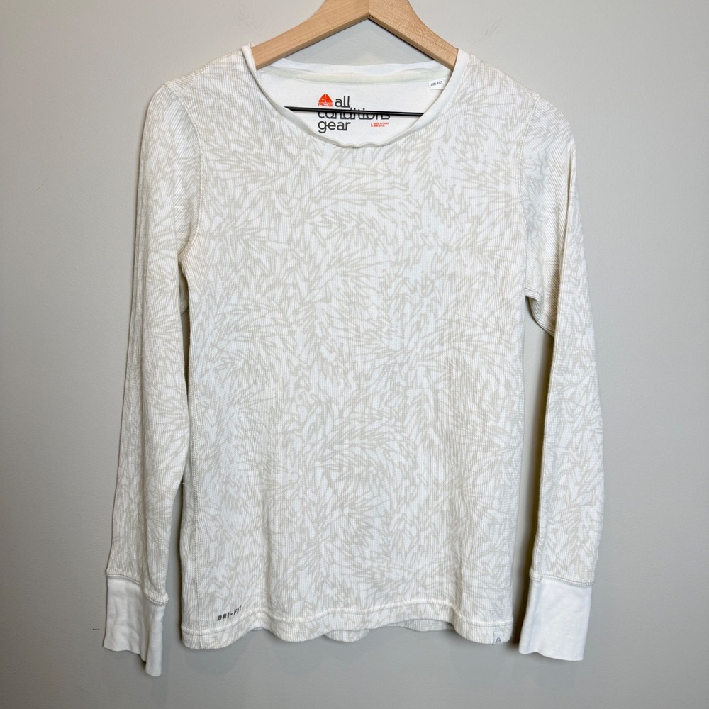 Nike Womens L ACG Waffle Knit Base Layer Thermal White‎ Tan Leaf Print Outdoor